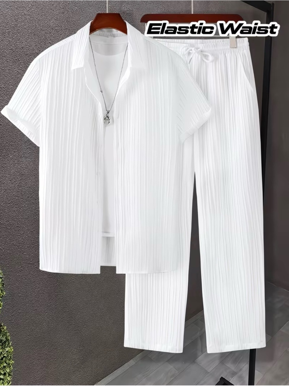 White Pleated Elastic-Waist Women’s Pant Set